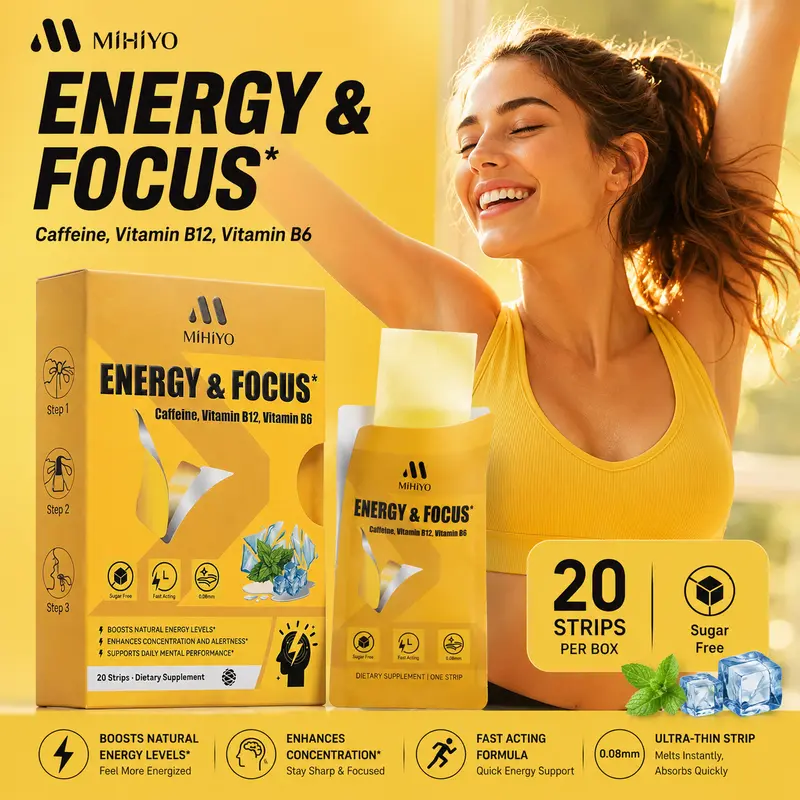 MIHIYO Energy & Focus Dissolvable Oral Strips - Fast-Melting 0.08mm Pocket-Sized Strips, Caffeine 10mg + B12 2000mcg & B6 1mg, Sugar-Free Zero Calorie Peppermint Supplement, 20-Strip Pack