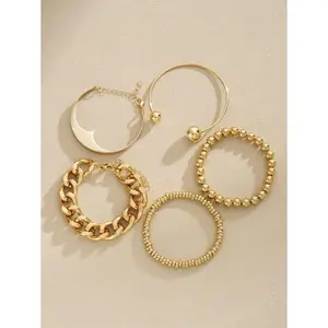 5pcs Set Stylish Exaggerated Simple Stacked Design Chunky Chain & Beaded Bracelets & Bangles For Women, Suitable For Dating, Vacation, Daily Wear, Party And Holiday Gift