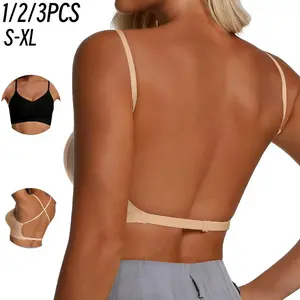 1/2/3PCS Women's Crisscross Backless Bra, Wireless Seamless Bra Adjustable Thin Strap Solid Color, Breathable & Comfortable, Non removable Pads Bra for Summer