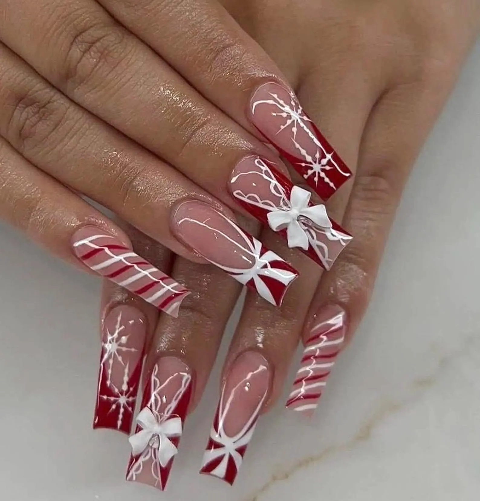 [ Handmade ] Candy Cane Press On Nails | Red, White, & 3D Bows, 3D Acrylic Square Nails