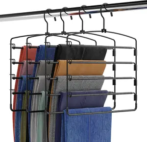 Fontaines 5-Tier Pants Hangers (4 Pack) – Ultra Slim, Space-Saving Heavy-Duty Metal Hangers with Swivel Hook & Swing Arm for Jeans