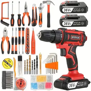 SPZTJK 128pcs 36V Cordless Electric Drill Set with 2 Batteries & Quick Charger, 21V Power Drill, Hammer, Pliers, Screw Batch, Tape Measure, Wrench, Hand Saw, DIY Repair Tools Kit for Home & Christmas Gift - Hardware