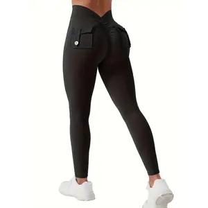 Women's V-back leggings with pockets, exercise leggings, abdominal control, hip lifting, gym yoga leggings