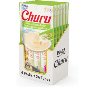INABA Churu Cat Treats, Grain-Free, Lickable, Squeezable Creamy Purée Cat Treat/Topper with Vitamin E & Taurine, 0.5 Ounces Each Tube, 24 Tubes (4 per Pack), Chicken with Scallop Recipe