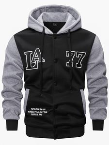 LA 77 Pattern Hooded Jacket Colorblock Style Button Front Closure Drawstring Hoodie with Unique LA77 Design