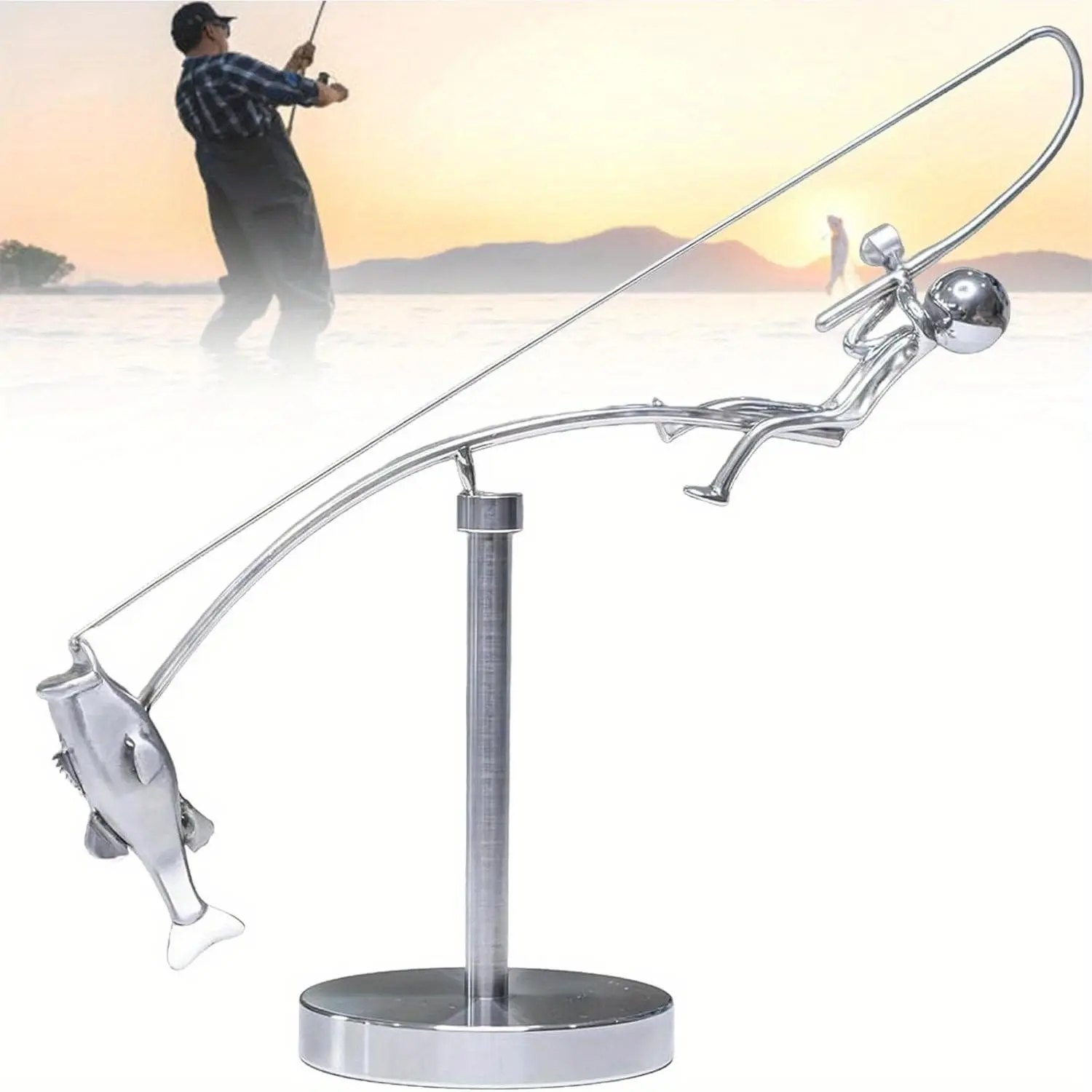 Fisherman Balancing Sculpture, Kinetic Fishing Statue, Metal Fishing Rod Art, Home & Office Decor, Outdoor Dynamic Artwork