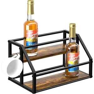 Coffee Syrup Rack Organizer 2-Tier 8 Bottles Syrup Bottle Holder Stand for Coffee Bar Storage Shelves for Syrup Wine Dressing for Kitchen Countertop Rustic Brown & Black