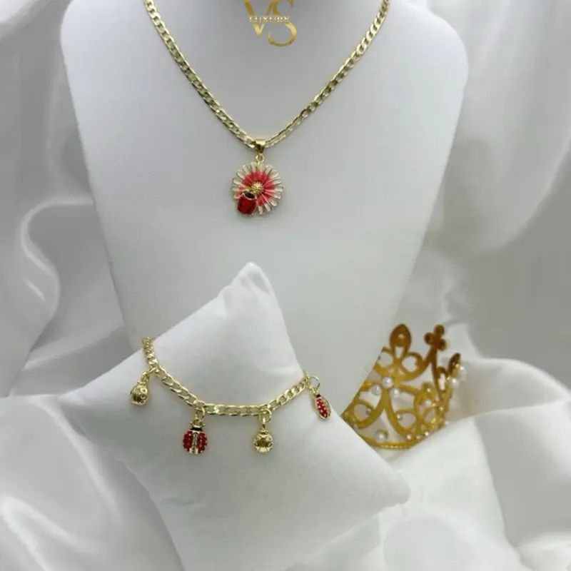 Valdes Luxury – Girls Daisy & Ladybug Chain & Bracelet Set | 14K Gold Plated Laminated | 15” Necklace & 5”-6.5” Adjustable Bracelet