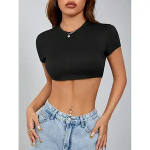 Casual Simple Solid Color Round Neck Cropped Slim Fit Women's T-Shirt , Black Crop Top Womenswear Tshirt