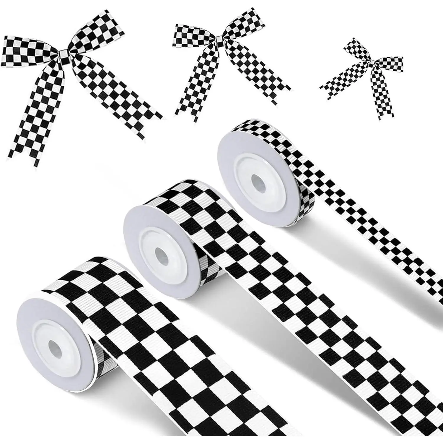 3 Rolls White Checkered Printed Ribbon Black Grosgrain Ribbon,0.4, 0.87, 1.5 Inch Wide, 15 Yards in Total,  Theme Checkered Ribbon , for DIY Crafts Wreath Racing  Party Wreath Decorations