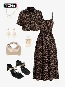 Women's Leopard Print Two-Piece Set, Adjustable Spaghetti Strap Gathered Waist Midi Dress, Turn-Down Collar Short Sleeve Cropped Shirt, Daily Casual Vacation Date Street Wear, Breathable Lightweight Wrinkle-Resistant, Edgy Casual Street Style & 2 Piece