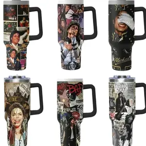 Michael Jackson 40oz Tumbler with Handle - Stainless Steel Cup, King of Pop Design, Thriller Bad Era, Music Fan Gift for Him Her