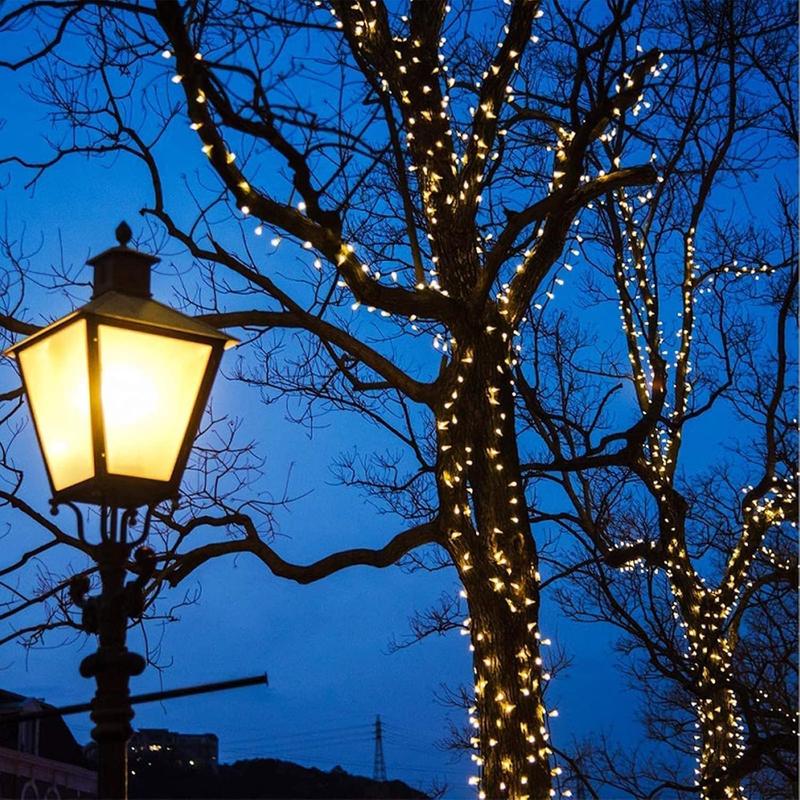 Solar-powered decorative string lights: The warm light version contains 200 LEDs, while the white light version contains 300 LEDs. They support 8 different flashing effects, making them perfect for decorating Christmas scenes, as well as for embellishing