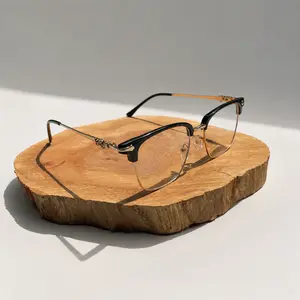 Half-Rim Square Fashion Glasses,Anti-Blue Light, Stylish Cross Detail Frames for Daily WearRetro Business Eyeglasses, Non-Prescription, Vintage Browline Frames for Men & Women