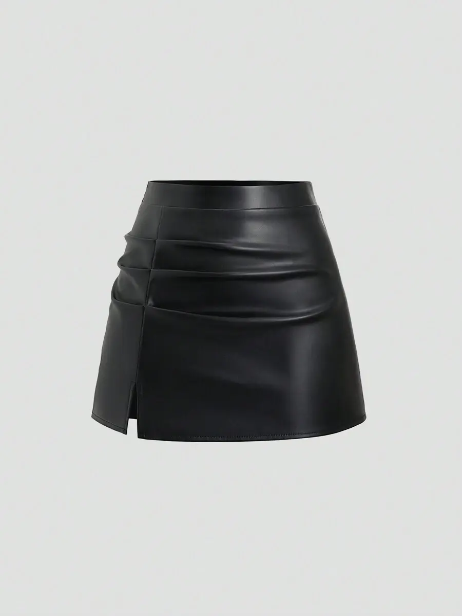 LUNA LAYER Womens Retro High Waist Pleated PU Leather Side Slit A Line Mini Skirt Y2K Outfit