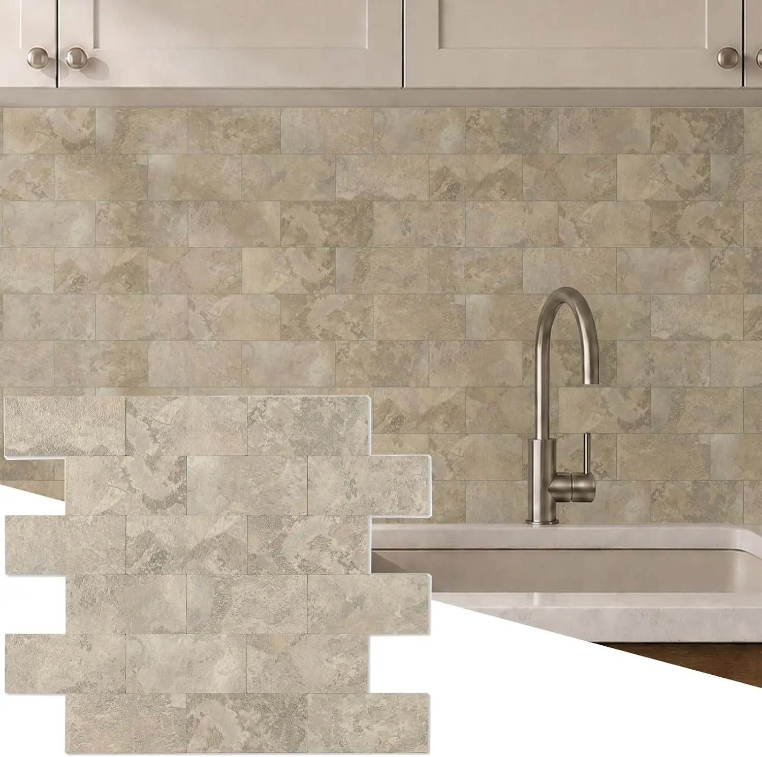 Yipscazo 2026 New Upgrade Distressed Wood Peel-and-Stick Rectangular Backsplash Tile, 11.34" x 11.57" x 0.16" Heat-Resistant Wall Tile for Kitchen, Fireplace (Beige Ecru, 10 Packs)