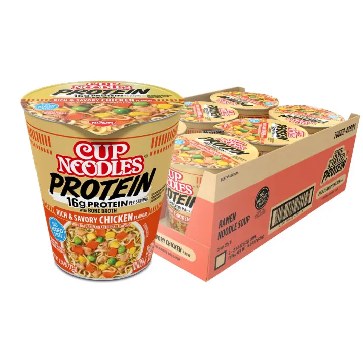 Nissin Cup Noodles Protein Ramen, Chicken Flavor with Bone Broth, 16g Protein, 2.54 Ounce Cup (Pack of 6)