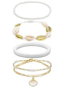 4 Pcs Anklet Set Bohemian & Beachy Multi-Design (Shell, Pearl, Elastic Rope) Adjustable For Women Girls Beach Vacation Daily Wear Gift