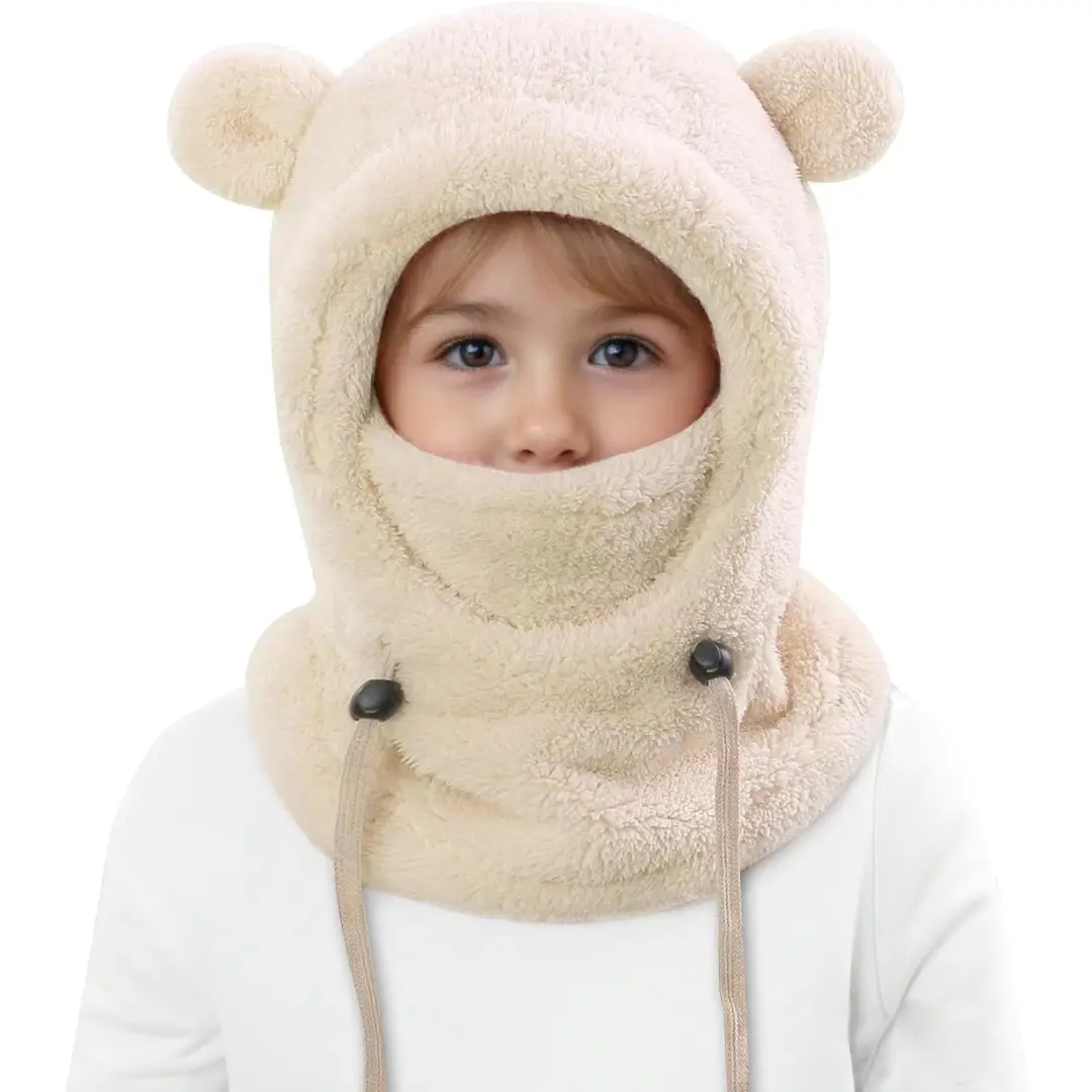 Kids' Winter Balaclava Hat, Solid Color Polyester Hooded Scarf, Warm Toddler Hats for Ski & Outdoor Wear, Fits 3-10yrs, 40-45cm
