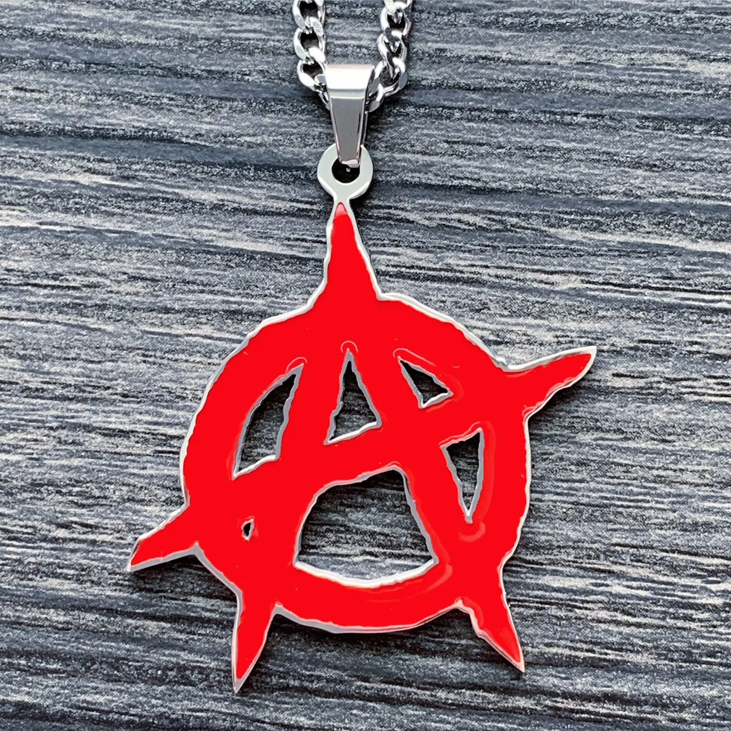 Red Anarchy Necklace - 1.25" Mirror Polished Pendant in Solid 316L Surgical Stainless Steel with Red Enamel & Choice of Chain Free Gift Included
