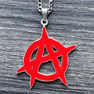Red Anarchy Necklace - 1.25" Mirror Polished Pendant in Solid 316L Surgical Stainless Steel with Red Enamel & Choice of Chain Free Gift Included