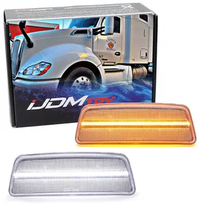 iJDMTOY Semi-Clear Lens White/Amber Switchback Full LED Strip Front Wheel Fender Side Marker Light Kit For Kenworth T680 T700 T880, Peterbilt 567 Semi Freightliner Truck