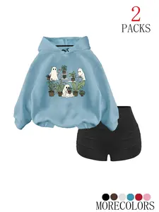 Women's Fall Winter Warm Hooded Drawstring Loose Fit Sweatshirt Set, Trendy Fashion Pocket Hoodie and Gym Shorts, Fun Plant Ghost Print