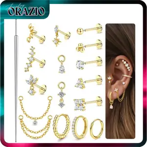 ORAZIO 316L Surgical Steel Hypoallergenic Threadless Flat Back Earrings 16G/18G/20G Cartilage Helix Tragus Conch Labret Medusa Piercing Jewelry Set