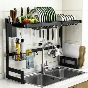 No Mess Kitchen, Over Sink Dish Drying Rack Adjustable, Space Saving Self Draining System Kitchen Organizer with Utensil & Cutting Board Storage for Small Apartment