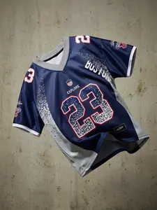 "Men's Navy Blue Boston 23 Graphic Football Jersey | Y2K Streetwear Oversized V-Neck Sports Tee with Splatter Print and USA Badge for Daily Street Style"