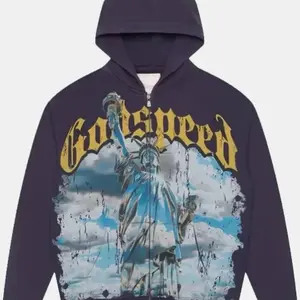 Godspeed Chrome Hoodie with Statue of Liberty Graphic Design and Zipper Closure