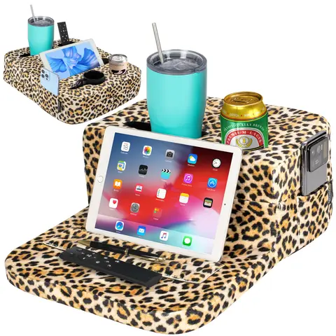 Portable Leopard Print Memory Foam Couch Cup Holder Caddy - Adjustable Sofa Bed Tray for Drinks, Snacks, Remotes, Phones, Tablet, Sturdy on Flat Surfaces, 10-Sec Tool-Free Setup, Fits RV
