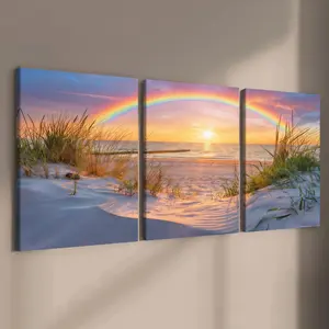 3-count wooden frame canvas, seaside sunset rainbow landscape art poster, modern family poster, fashionable living room decoration art, suitable for corridor, office, room and bedroom decoration, waterproof printing