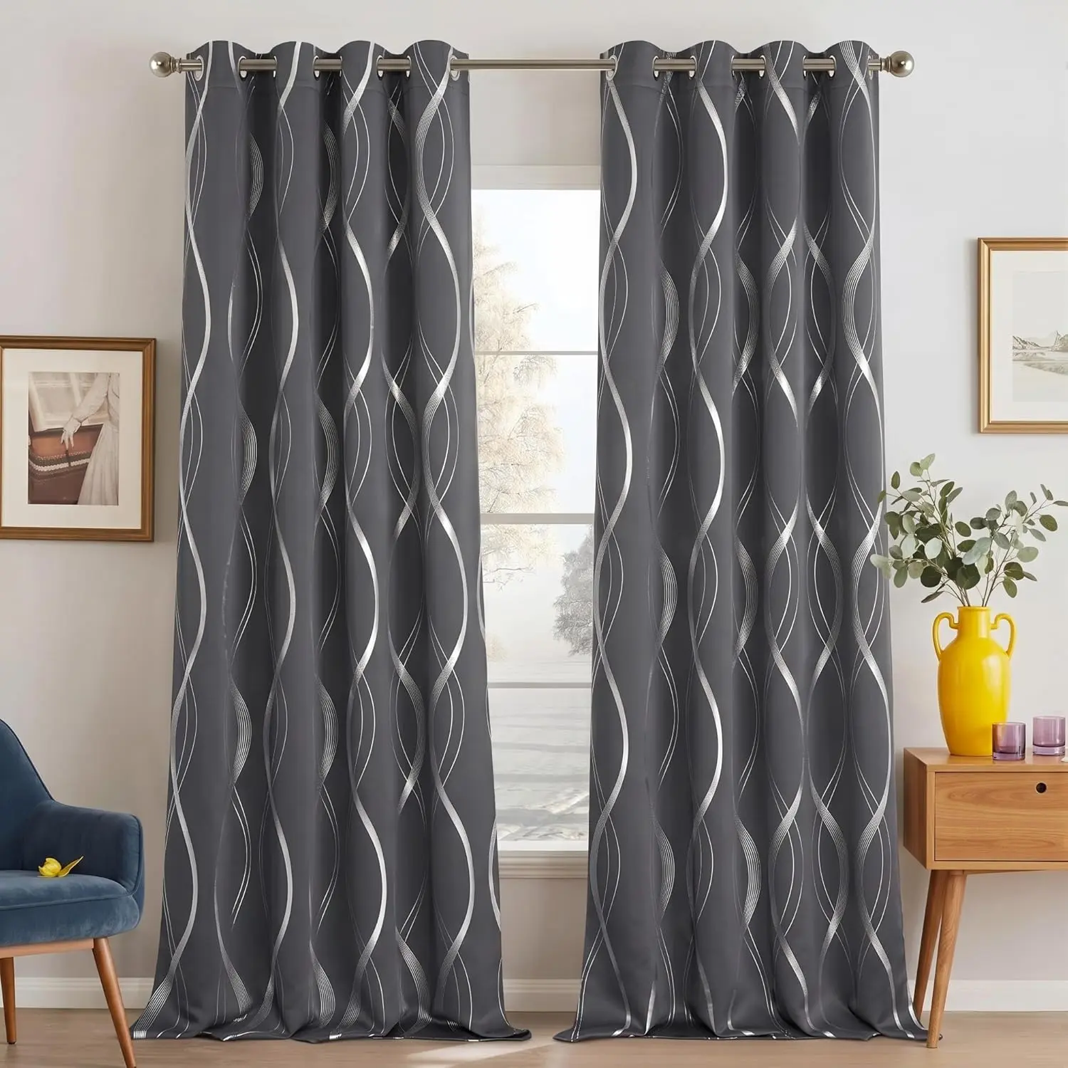 NICETOWN 52x84 in Grey Blackout Wave Curtains - Double Patterned Grommet Curtains, 2-Panel Set, Noise-Reducing Thermal Insulated Floral Foil Print Drapes for Living Room Bedroom