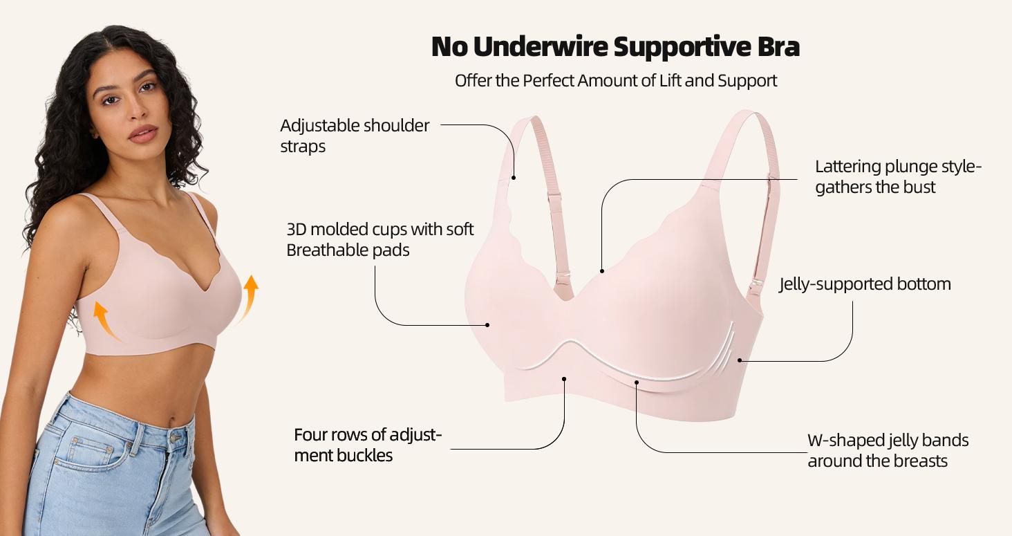 Women's Black jelly bras No Underwire T-Shirt bra Seamless Comfortable Soft Wireless Basic Bridal One Piece Minimalist Everyday Wear with Adjustable Straps Vneck Breathable push up bra