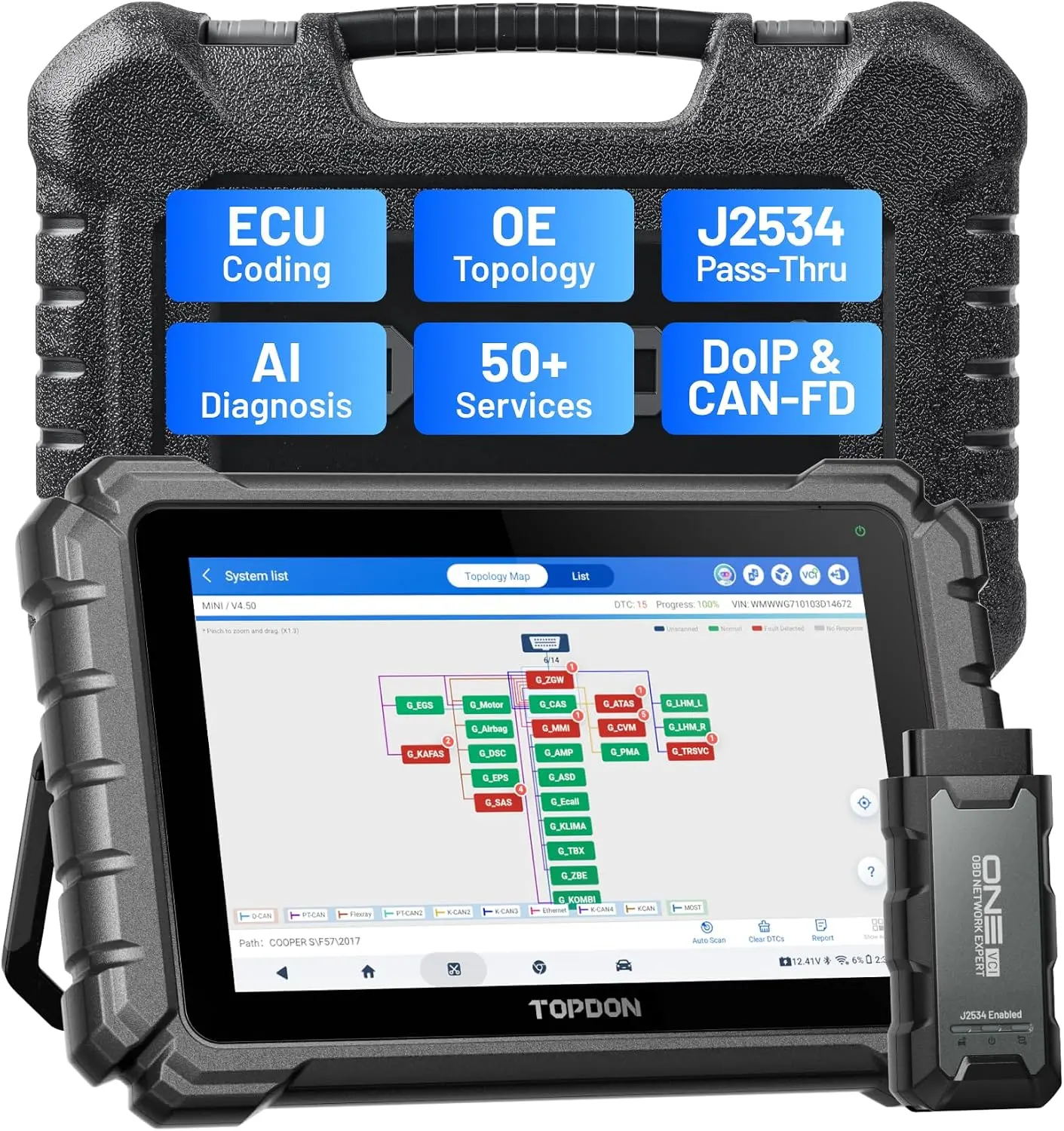 TOPDON ONE 10.1" Bidirectional J2534 Pass-Thru Diagnostic Tool, ECU Coding, Full System Scan, 50+ Services, TopFix AI, OE Topology OBD2 Scanner with Memory & 20× WiFi Transfer – Car Tools for Mechanics