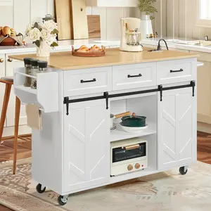 HOOBRO Kitchen Island with Power Outlet & Drop Leaf, Rolling Kitchen Island on Wheels, Island Table with Sliding Barn Doors, 3 Drawers, Large Countertop, for Kitchen, White and Natural