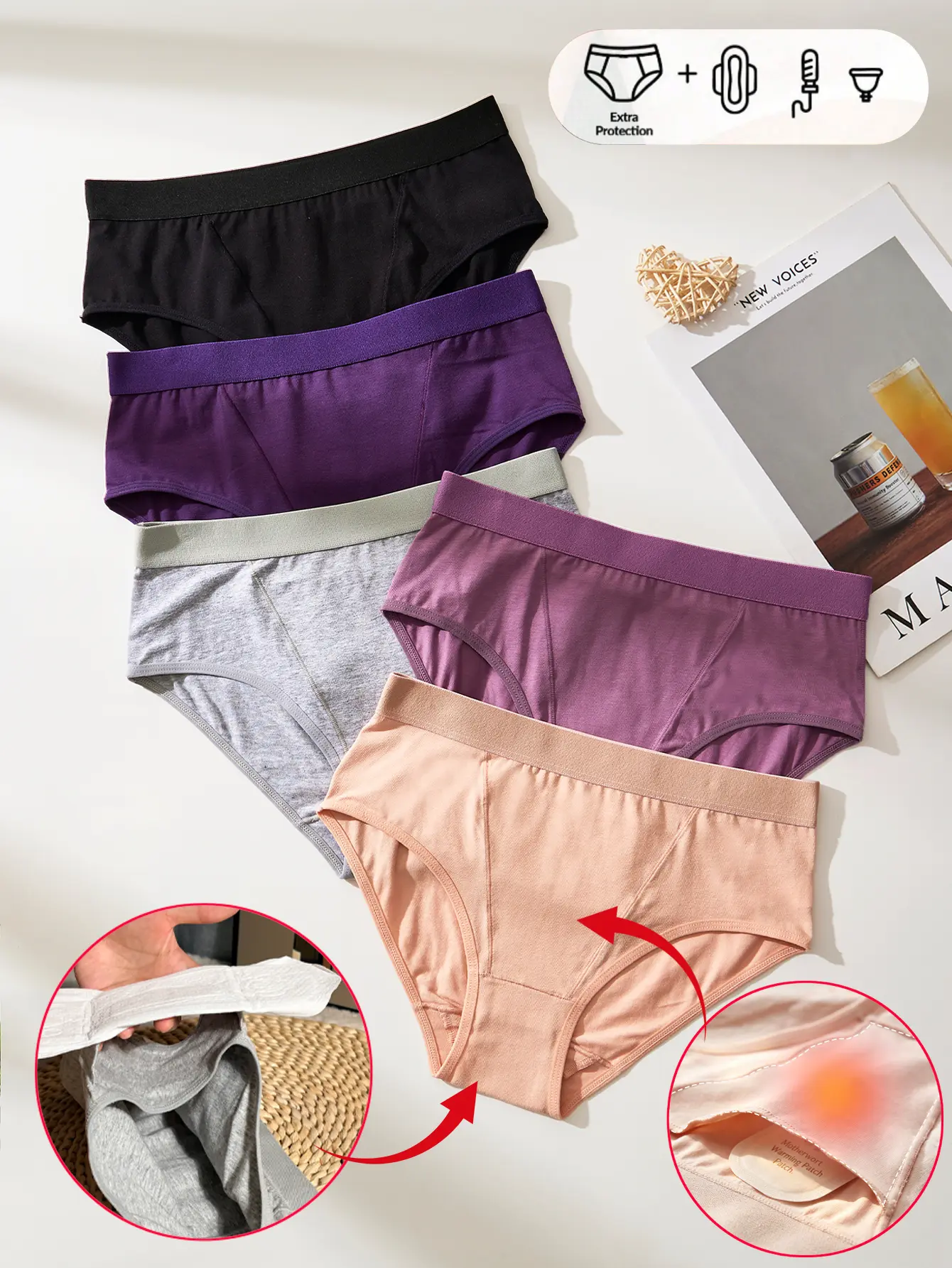 DORSU 5PCS Women's Cotton Period Panties with Double-Layer Pad Wing Pockets, Anti-Chafing & Anti-Shifting, Ideal for Daily Wear, Sports and Swimming, Perfect Gift for Women & Girls