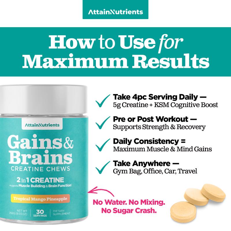 Gains & Brains 5g Creatine Chews NSF Certified - 3rd Party Tested