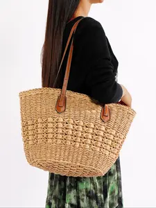 Vacation Essential! Straw Woven Bag Large Capacity Beach Bag Natural Handmade Shoulder Bag Ideal for Seaside Photography