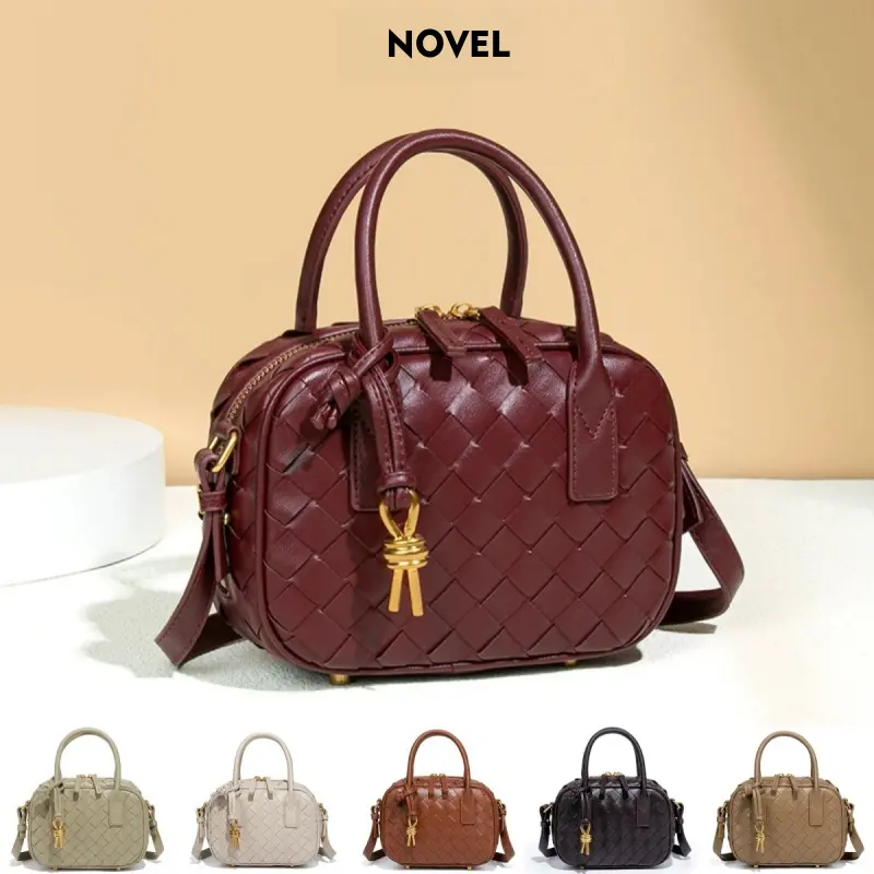 Women's Handwoven Small Round Boston Bag - Chic, Cute Burgundy Mini Compact Handbag with Adjustable Strap, Simple Versatile Retro Elegant Shoulder Crossbody Pillow Bag
