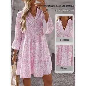 Women's Floral Print Ruffle Neck Flounce Sleeve Dress, Casual Fall & Summer, Teacher Wear, Holiday Vacation Clothing