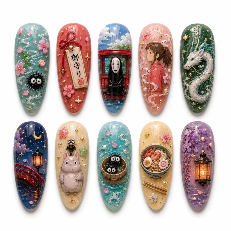 Ghibli-Inspired Press-On Nails, Anime Art Nail Decorations Featuring Soot Sprites, Haku Dragon Designs