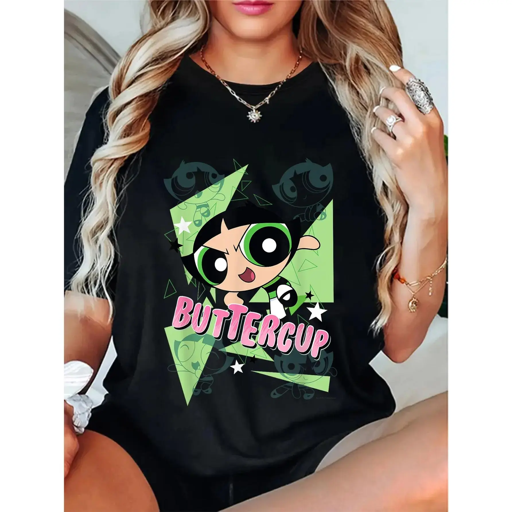 100% Cotton CN The Powerpuff Girls Buttercup Moves T-Shirt Summer Crewneck Streetwear Tshirt Top