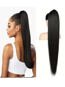 16-22 inch straight hair ponytail hairband drawstring closure, human hair ponytail wig, natural black, women's clip-on wig, natural appearance, suitable for daily use or important occasions, Ponytail hair extension