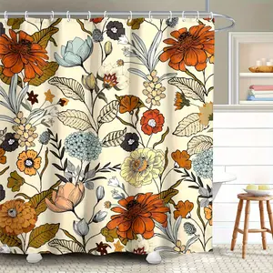 1pc Bathroom Vintage Flower Shower Curtain 71W×71H Inch Bohemian Caramel Color Flower Retro Plant Home Decor Polyester Fabric Bathtub