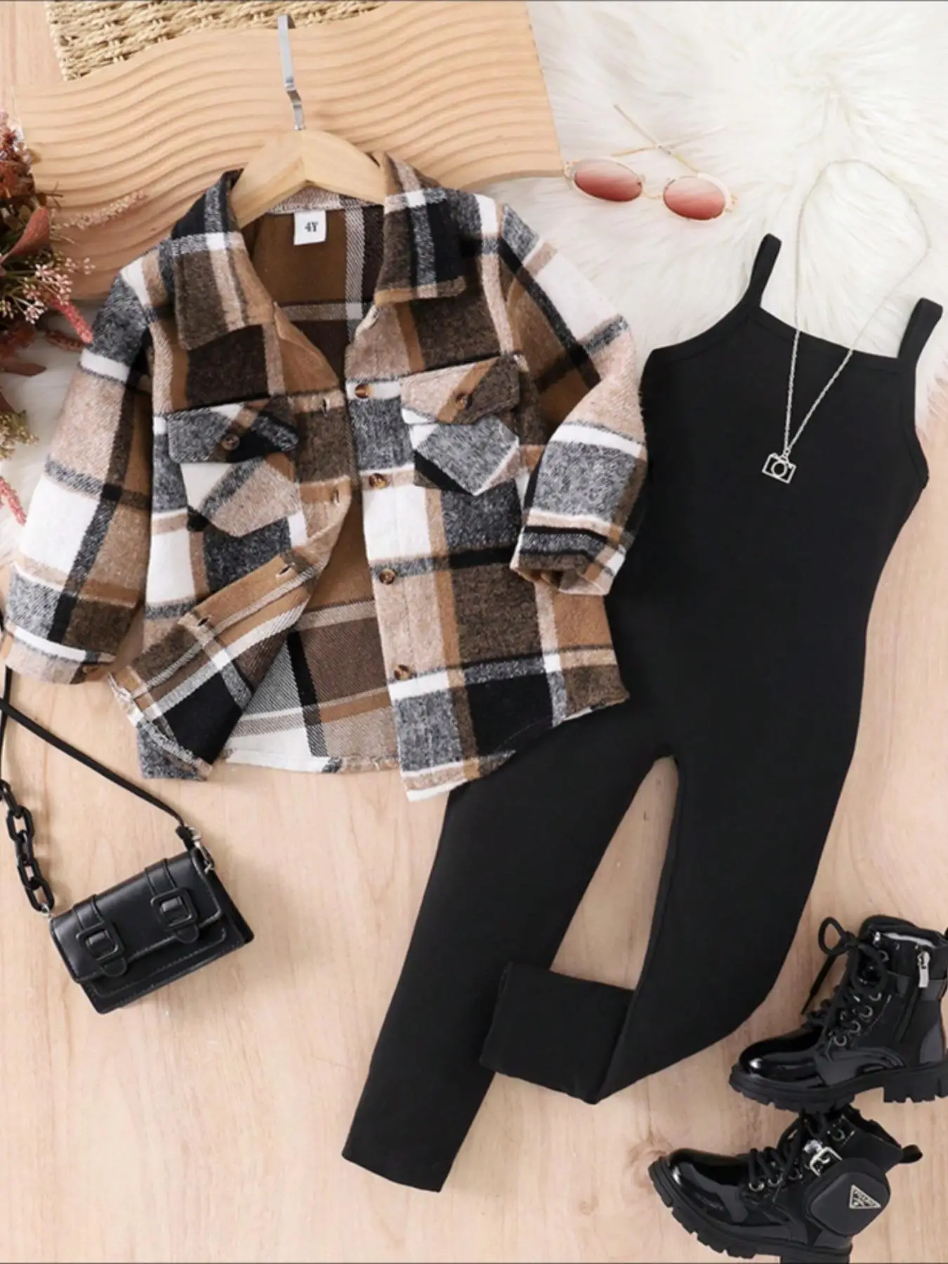 Two-piece Set Girl's Solid Button Front Flap Detail Shirt & Plaid Print Cami Jumpsuit Set, Casual Long Sleeve Collared Top & Jumpsuit for Spring & Fal