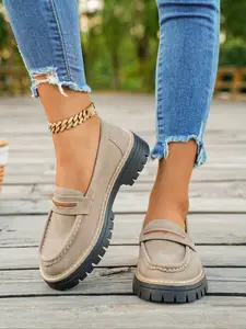 Autumn New Thick Sole Flatform Loafers for Women, Vintage Casual Slip-On British Style Shoes, PU Leather Upper, Rubber Sole, All Seasons Wear, Thick Bottom, Walking Shoes