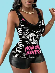 Dark Street Style Skull Print Tank Top, Deep V Neck Graffiti Slogan Vest, Women's Summer Cool Sleeveless Top, Slim-Fitting All-Over Print