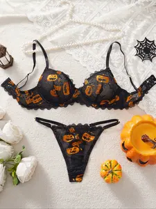 Halloween Sexy Pumpkin Pattern Lingerie Set for Women, Comfortable & Stylish Design, Perfect Gift Idea, Underwire Bra, All Seasons Wear